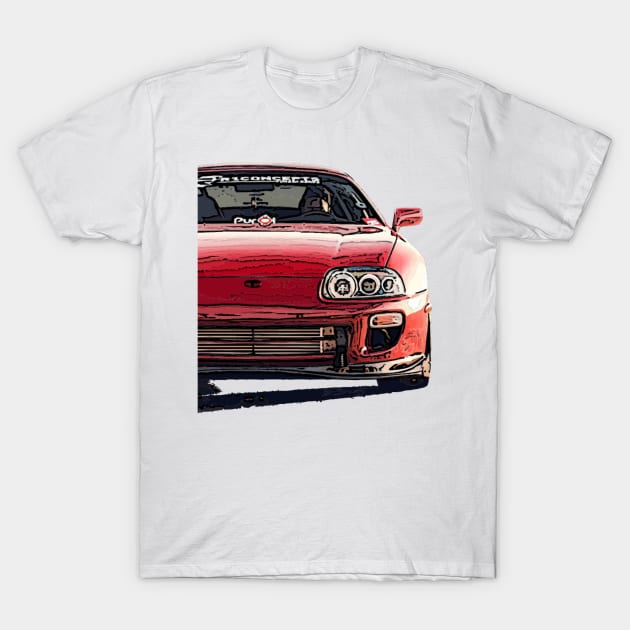 Explosive Fury: Red Supra Front Fiery Half Body Posterize Car Design T-Shirt by GearHead Threads